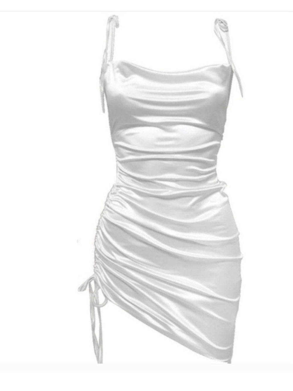 LEAU White Ruched Satin Mini Dress with Tie Straps